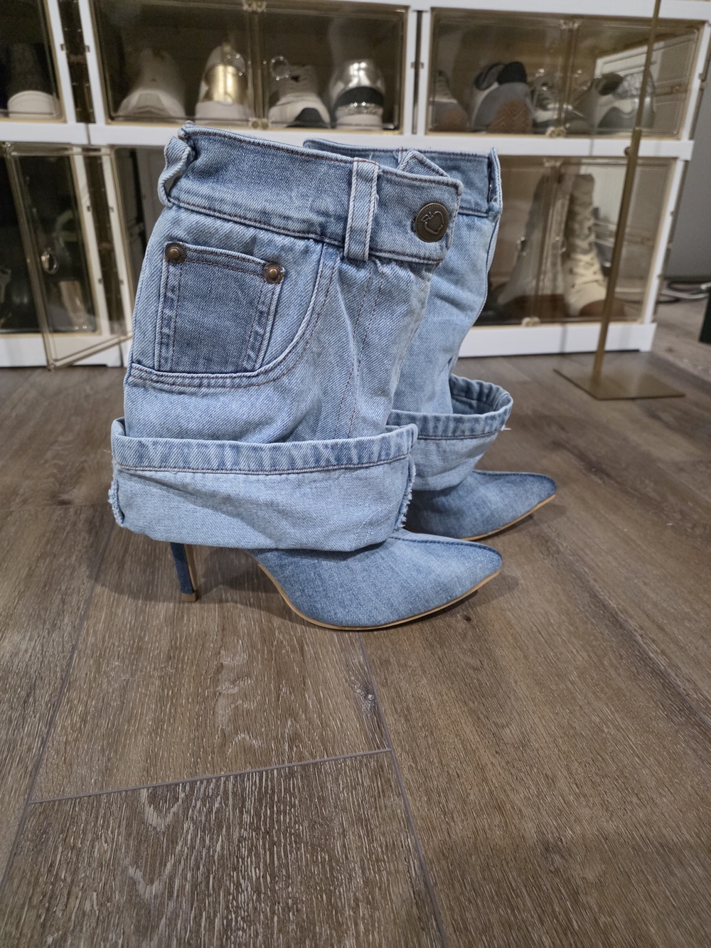 AKIRA Light Blue Denim Boot-Cut Stiletto Boots